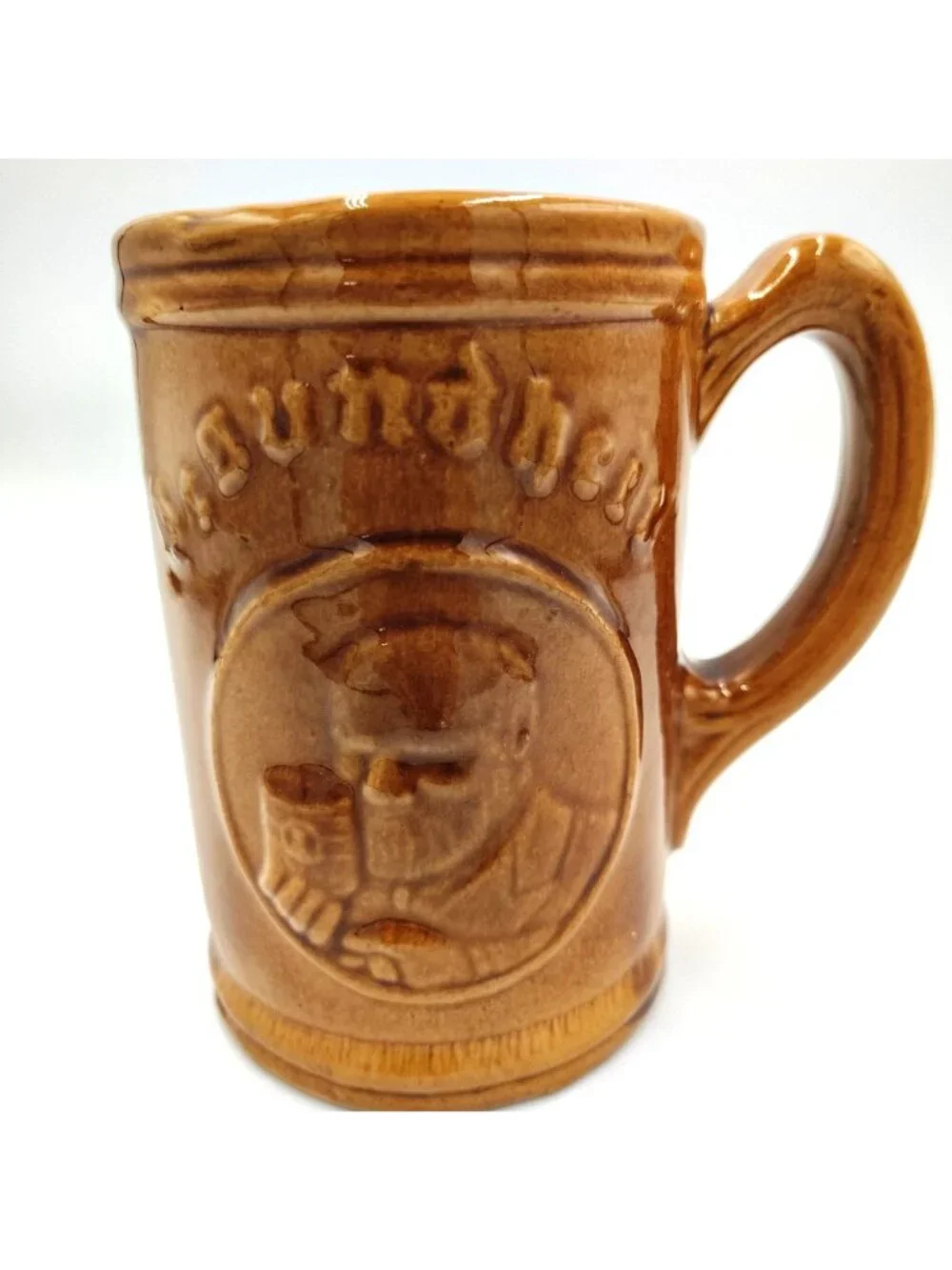 Gesundheit Brown Stoneware Beer Mug Vintage Embossed German Style Stein Cup